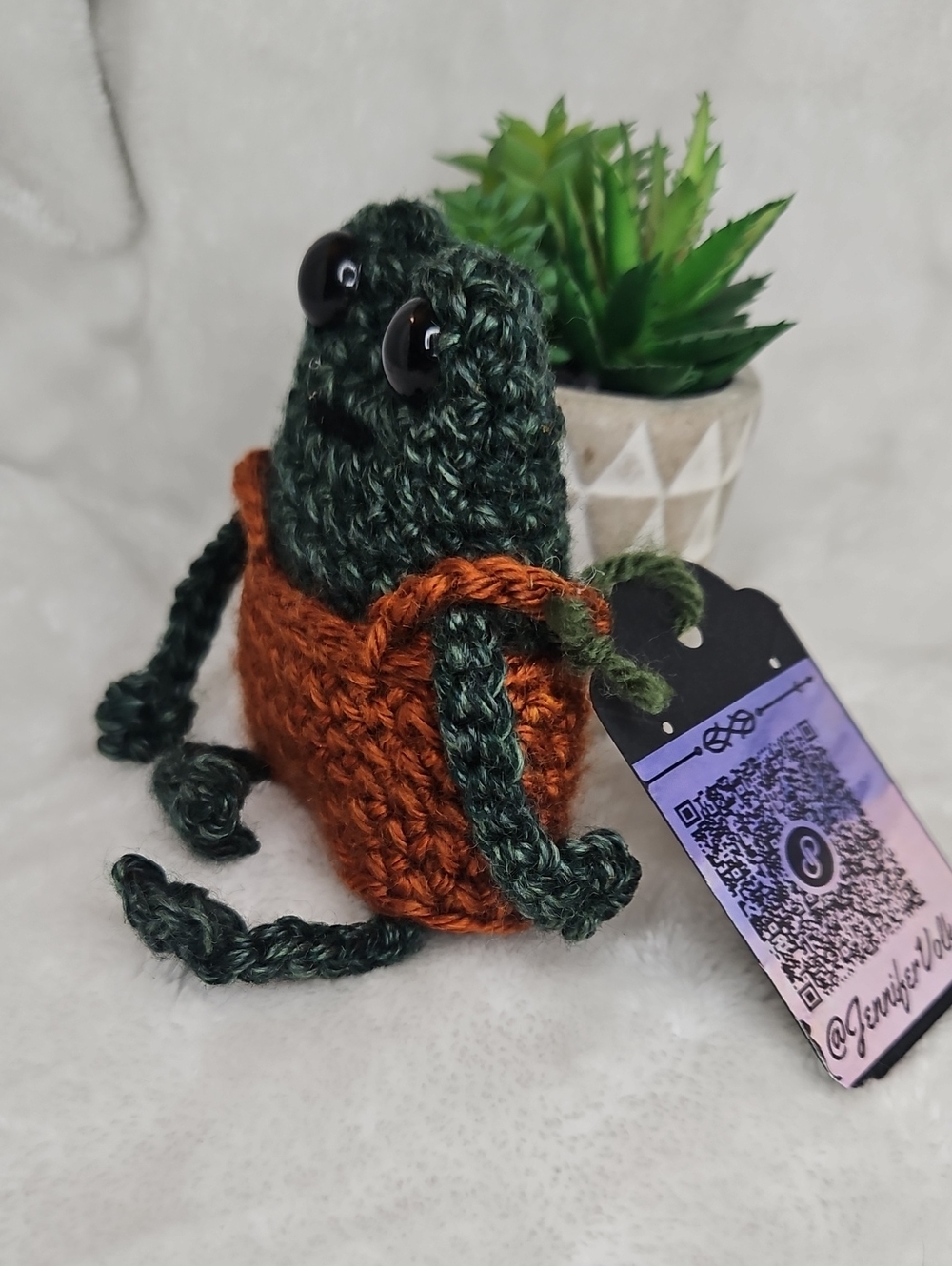 Handmade Crochet Frog Plushie in Overalls (NEW) - Picture 4 of 5